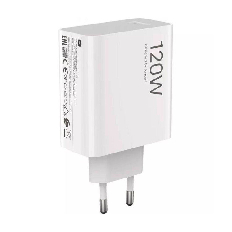 Carregador Xiaomi HyperCharge 120W branco tipo A com cabo USB.