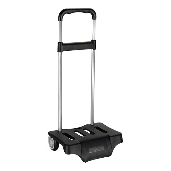 Trolley preto com rodas, marca Safta, para transporte de mochilas escolares.