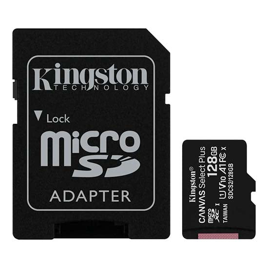 Kingston microSDHC Canvas Select Plus 128GB memory card and adapter, black.
