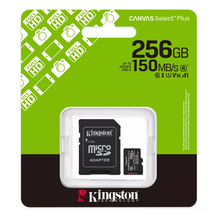 Cartão Memória Kingston Canvas Select Plus microSD 256GB C10 U1 V10 A1 + Adaptador SD