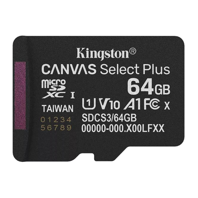Kingston Canvas Select Plus 64GB microSD card, black with white text and purple connector strip.