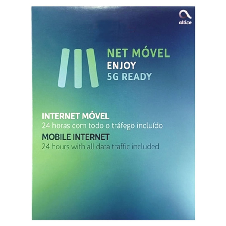 Cartão MEO NET Móvel Enjoy 24h, azul e verde, com logotipo Altice, 5G Ready, internet móvel por 24 horas.