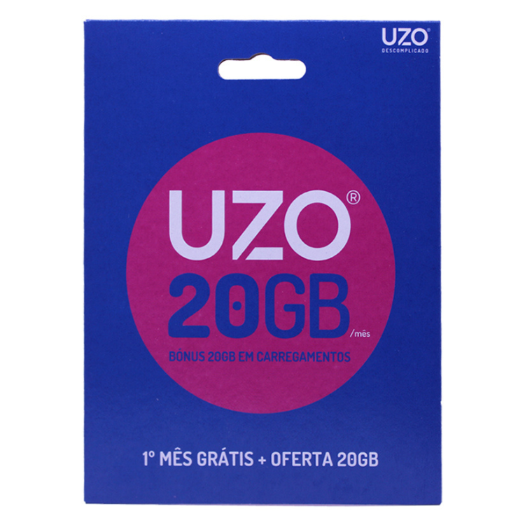 Cartão UZO 20GB + bónus 20GB, embalagem azul com círculo rosa e logótipo UZO.