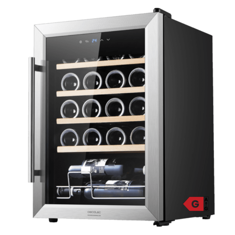 Cecotec Bolero GrandSommelier 2050 wine cooler with 20 bottles, stainless steel and black finish.