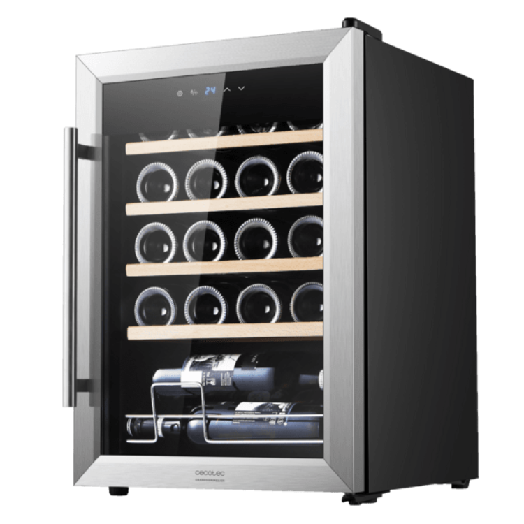 Cecotec Bolero GrandSommelier 2050 wine cooler with open door, 20 bottles, silver and black finish.