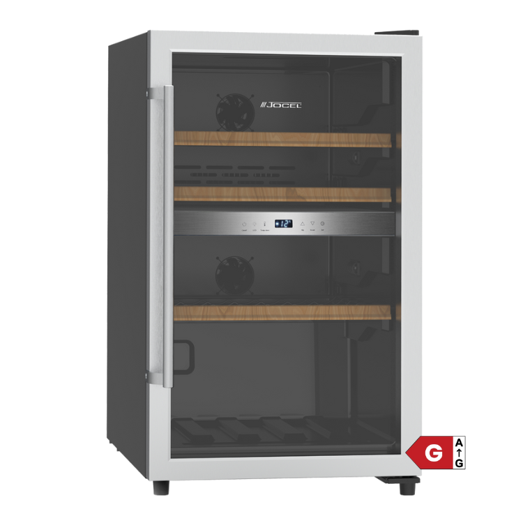 Jocel JCAV003621 wine cooler, 49 bottles, silver frame, glass door, wooden shelves, digital display.
