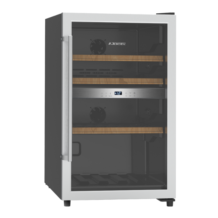 Jocel JCAV003621 wine cooler, 49 bottles, silver frame, glass door, digital display, wooden shelves.