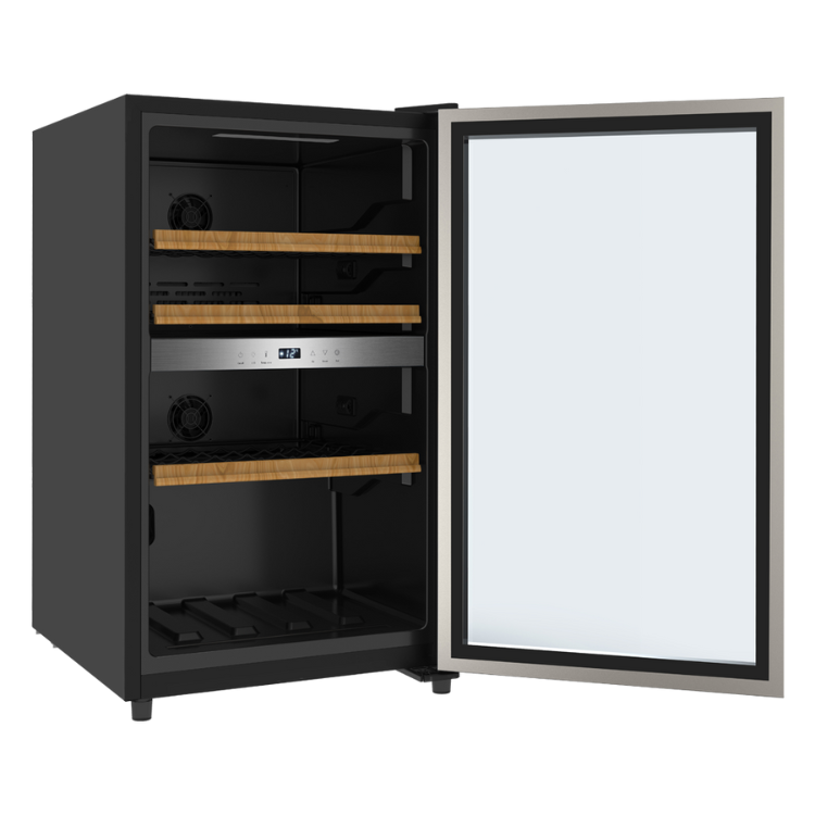 Black wine cooler with open door, 3 wooden shelves, digital display, holds 49 bottles. Jocel JCAV003621.