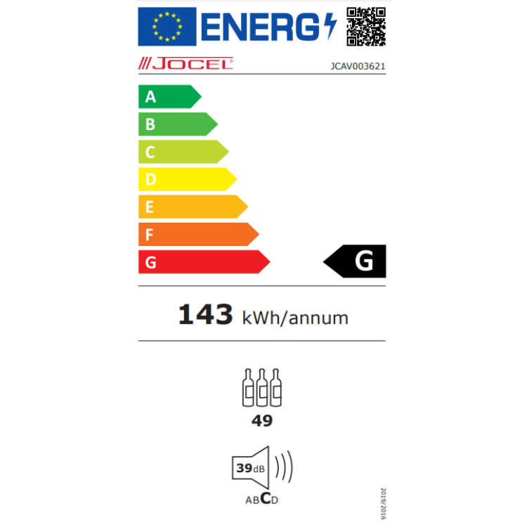 Jocel wine cooler energy label, G rating, 143 kWh/annum, 49 bottles.