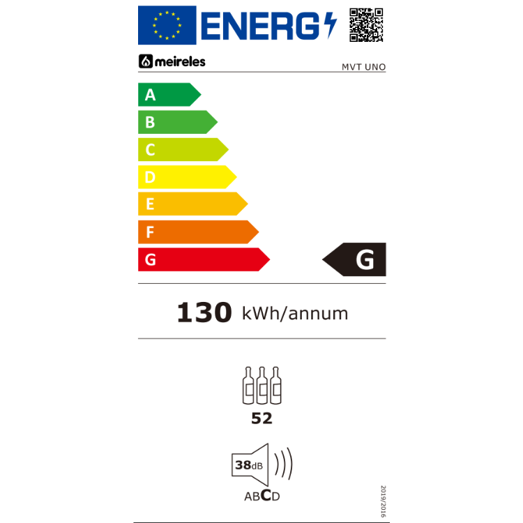 Etiqueta energética de garrafeira Meireles MVT UNO, classe G, 130 kWh/ano, capacidade para 52 garrafas.