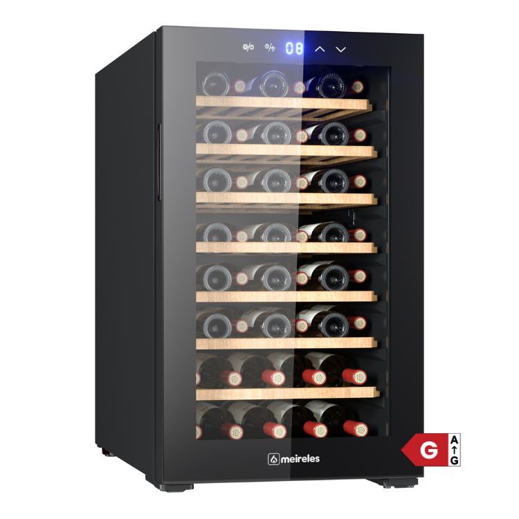 Cave de vinhos Meireles MVT UNO, preto, com porta de vidro e 52 garrafas, para conservação de vinhos.