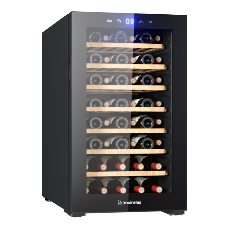 Cave de vinhos Meireles MVT UNO, preto, com porta de vidro e 52 garrafas, para conservação de vinhos.