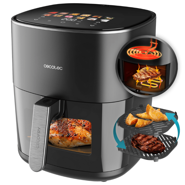 Black Cecotec air fryer with digital display and basket, cooking chicken, steak and dumplings.