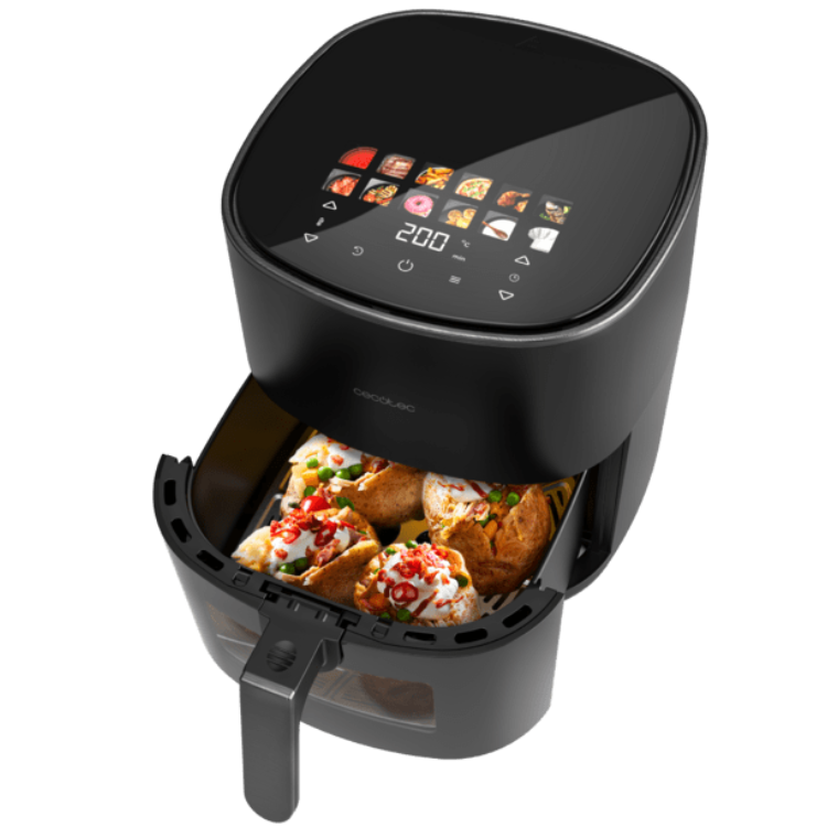 Black Cecotec air fryer with digital display and food inside.