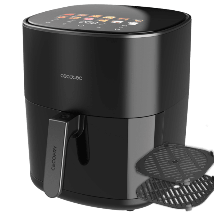 Black Cecotec air fryer with digital display and removable grill plates.