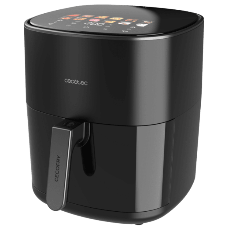 Black Cecotec air fryer with digital display and handle.