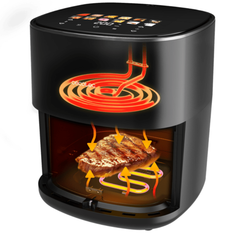 Black Cecotec air fryer with digital display and steak inside.