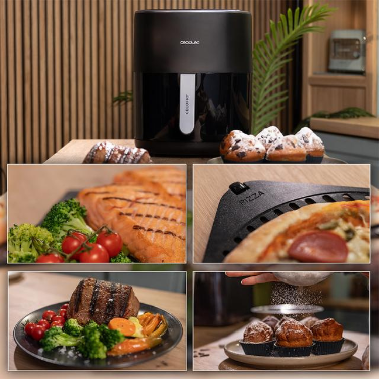 Black Cecotec air fryer with various cooked food images.