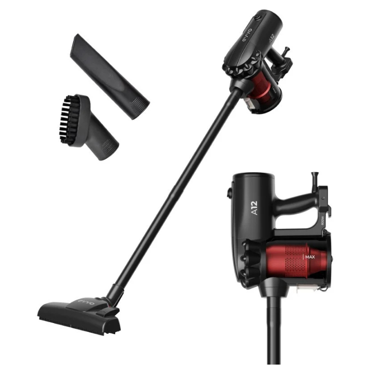 Cecotec Evvo A12 upright vacuum, black and red, 600W, with detachable handheld and attachments.