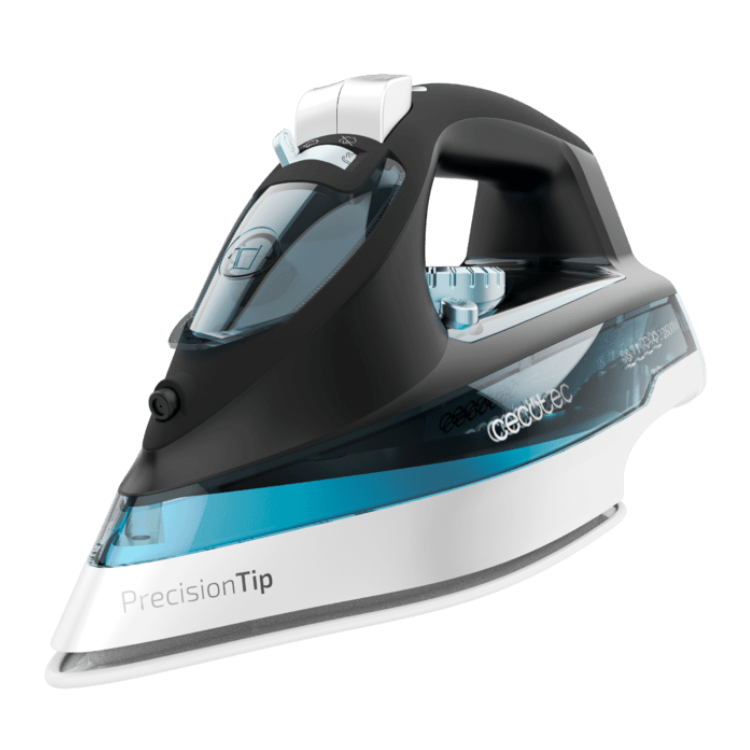 Cecotec IronHero 2600 Force steam iron, black and white with blue accents.