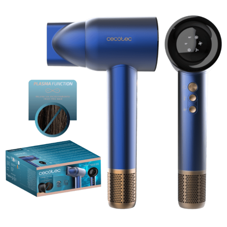 Cecotec Ioni Care Rockstar Nano IonTech blue hair dryer with gold accents and box.