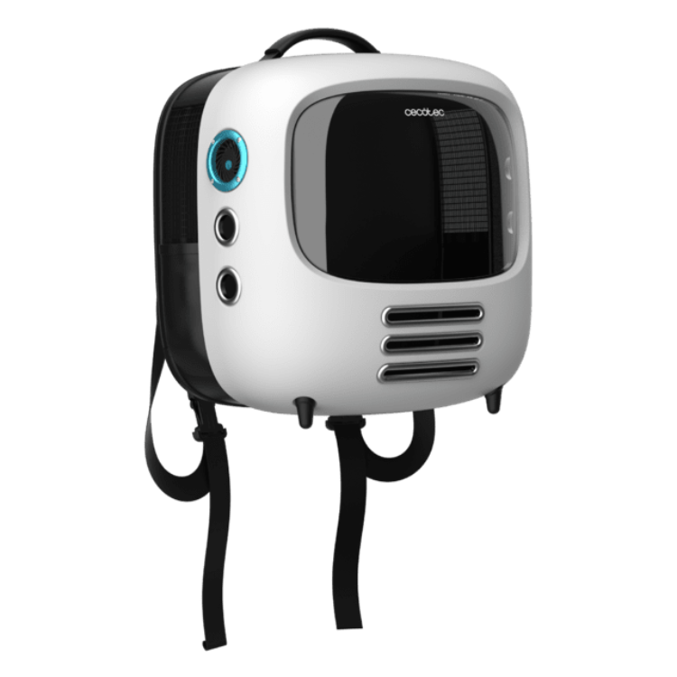 Cecotec Pumba 1800 Travel Fan, white portable pet carrier with black accents and blue ring.