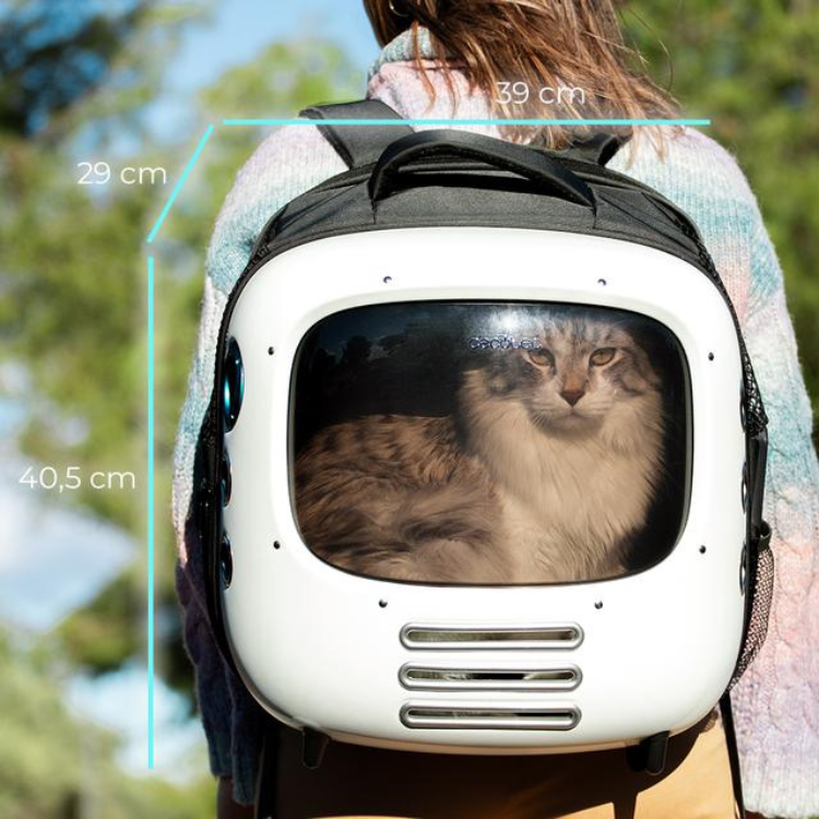 White Cecotec Pumba 1800 pet carrier backpack with black accents and clear window, containing a cat.