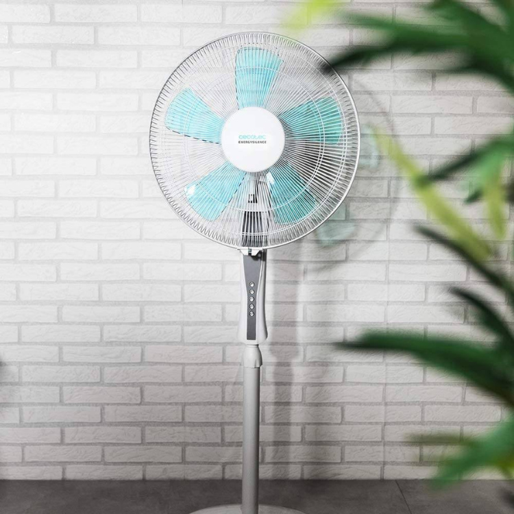 Cecotec EnergySilence 530 PowerConnected 50W pedestal fan, silver and white with teal blades.