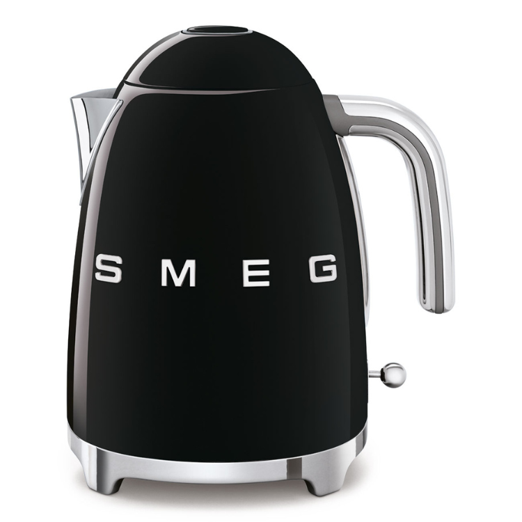 Black Smeg electric kettle with silver accents and handle.