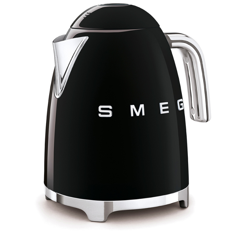Black Smeg electric kettle with silver accents and handle.
