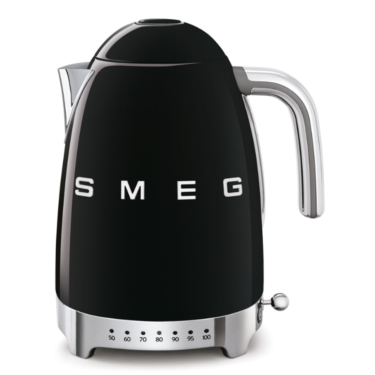 Black Smeg electric kettle, variable temperature control, 1.7L, stainless steel accents.
