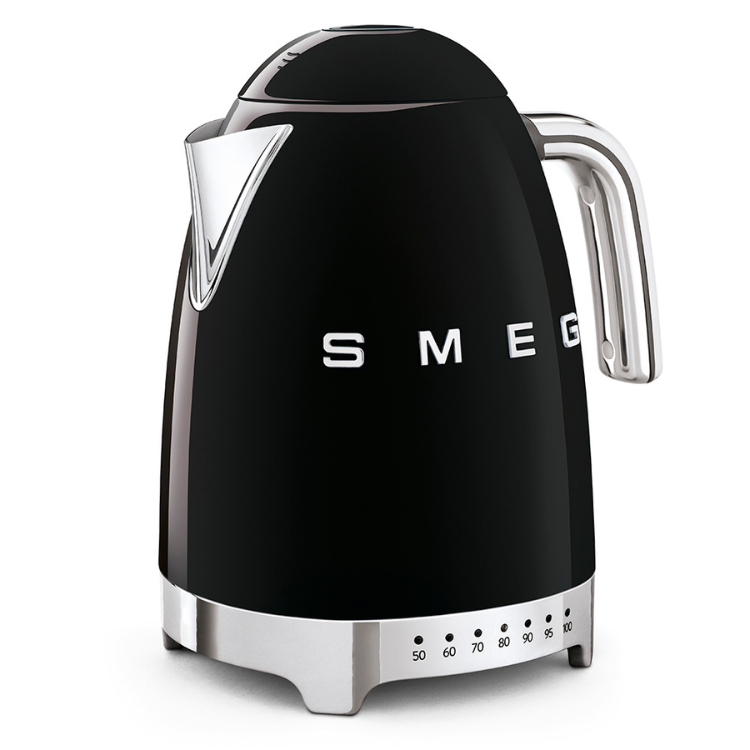 Black Smeg electric kettle, variable temperature control, 1.7L, silver accents.