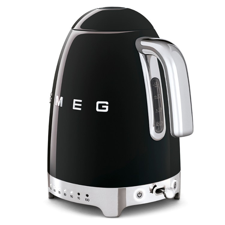 Black Smeg electric kettle, 1.7L, variable temperature, shiny chrome accents.