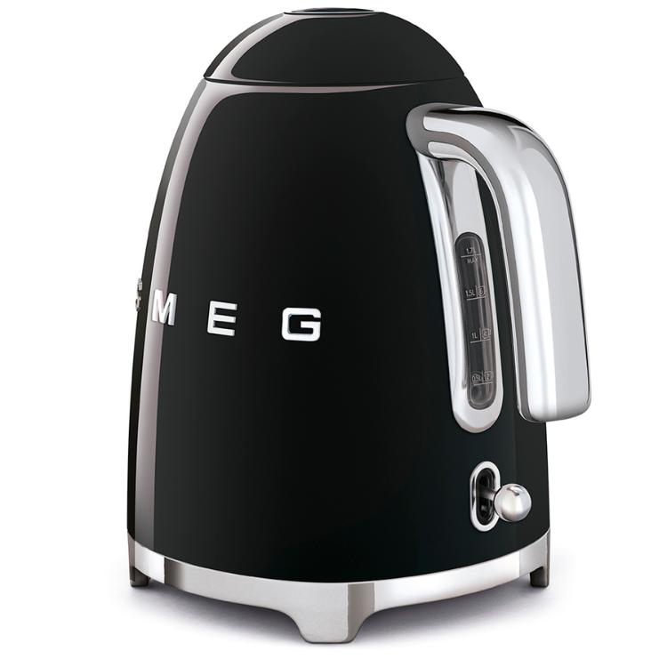 Black Smeg electric kettle, 1.7L, with silver accents and handle.