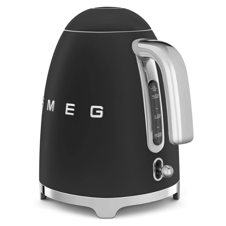 Black Smeg electric kettle with silver accents and handle.