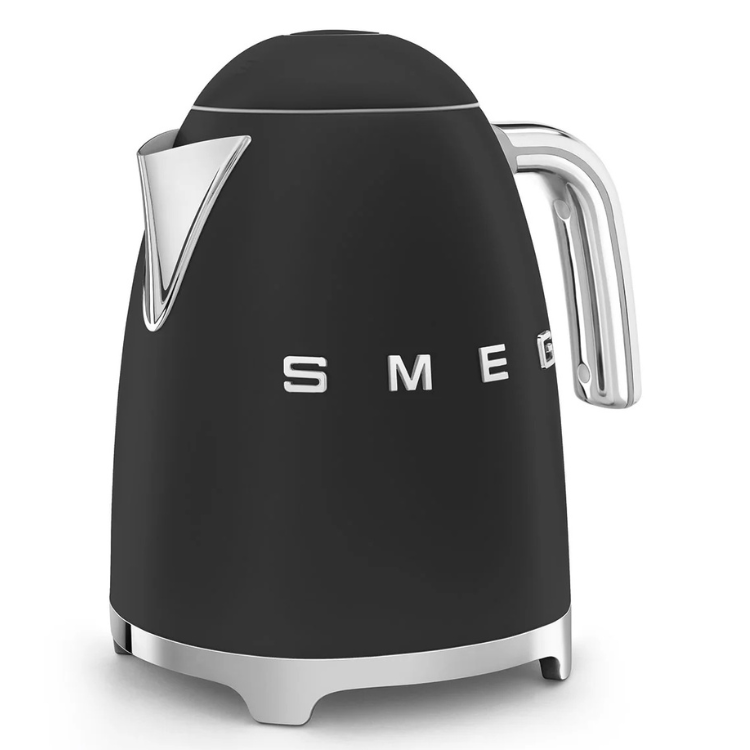 Black Smeg electric kettle with matte finish and silver accents.
