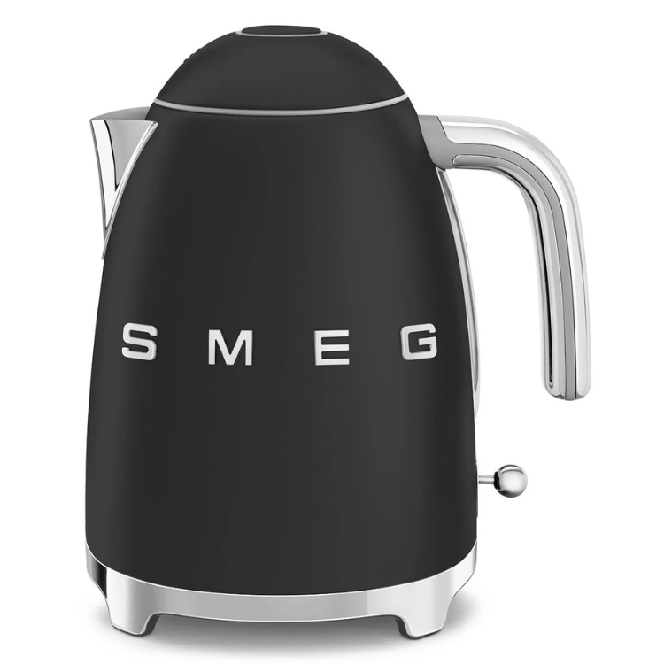 Black Smeg electric kettle with matte finish and chrome accents.