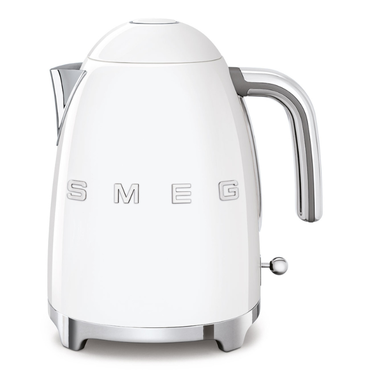 Smeg white electric kettle with silver accents and handle.