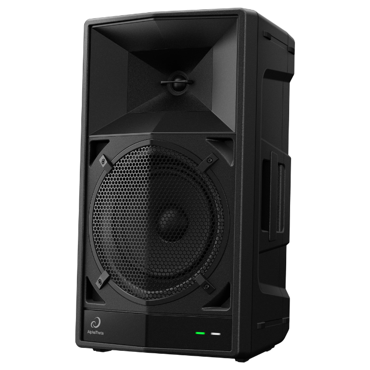 Black AlphaTheta portable speaker with 8-inch woofer and horn, green power indicator.