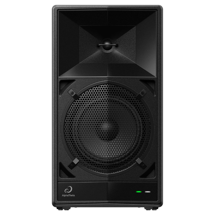 Black AlphaTheta portable speaker with 8-inch woofer and horn, green indicator light.