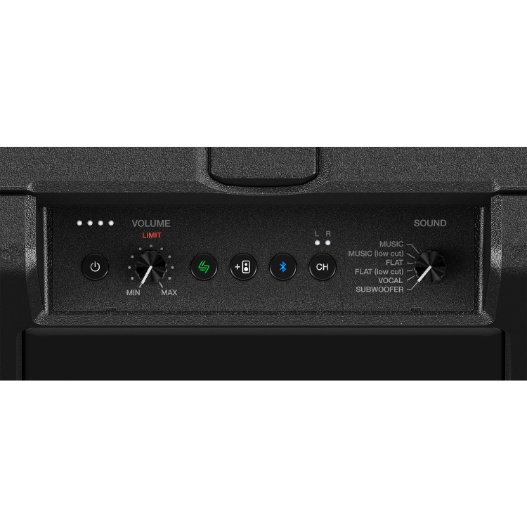 AlphaTheta WAVE-EIGHT portable DJ speaker control panel, black, with volume, sound mode, and Bluetooth buttons.