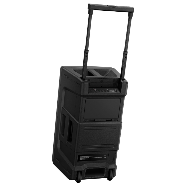 AlphaTheta WAVE-EIGHT portable DJ speaker, 8-inch, black, with handle and wheels.