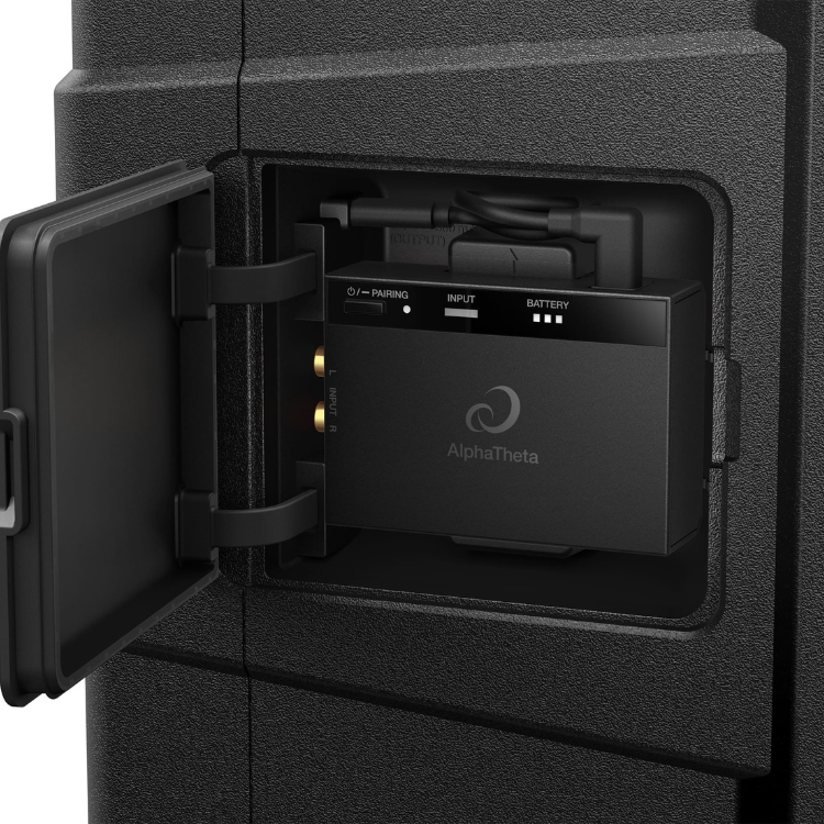 AlphaTheta Wave Eight portable DJ speaker, black, 8" SonicLink BT module compartment open.