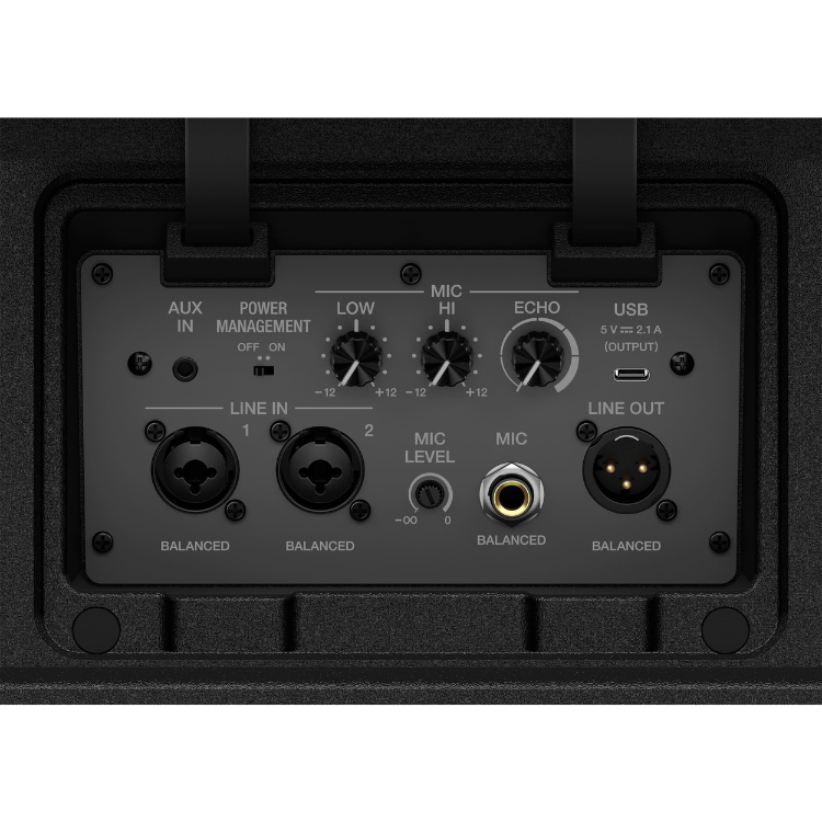 AlphaTheta WAVE-EIGHT portable DJ speaker control panel, black, with knobs, inputs, and outputs.