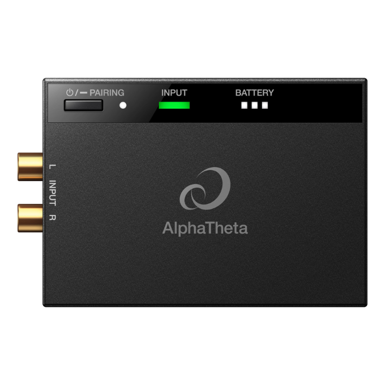 AlphaTheta portable DJ speaker controller, black, with gold inputs and green indicator light.