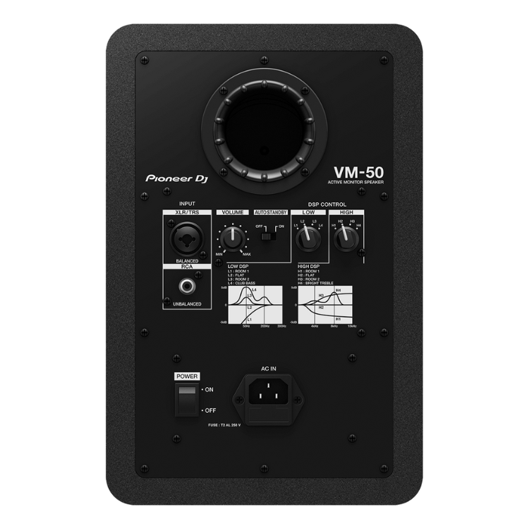 Black Pioneer DJ VM-50 active monitor speaker rear panel, inputs, controls and power socket visible.