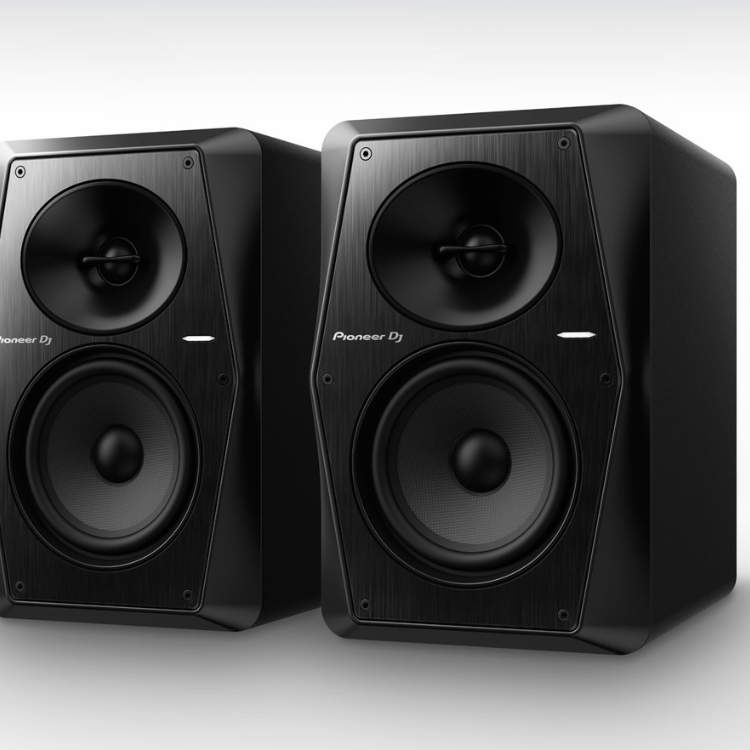 Black Pioneer DJ VM-50 monitor speakers, 30W, pair, with woofer and tweeter visible.