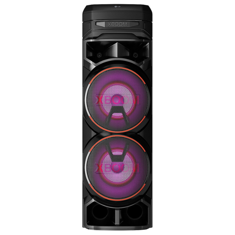 LG XBOOM RNC9 1000W black speaker with purple and orange lights.