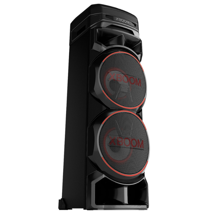 LG XBOOM RNC9 1000W black speaker with red accents.