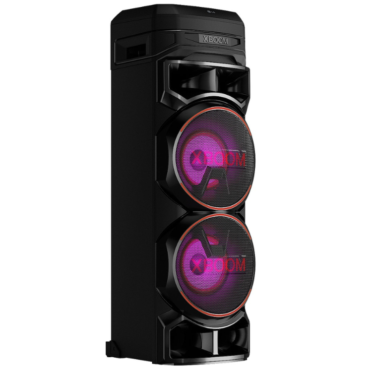 LG XBOOM RNC9 1000W black speaker with purple-lit woofers.
